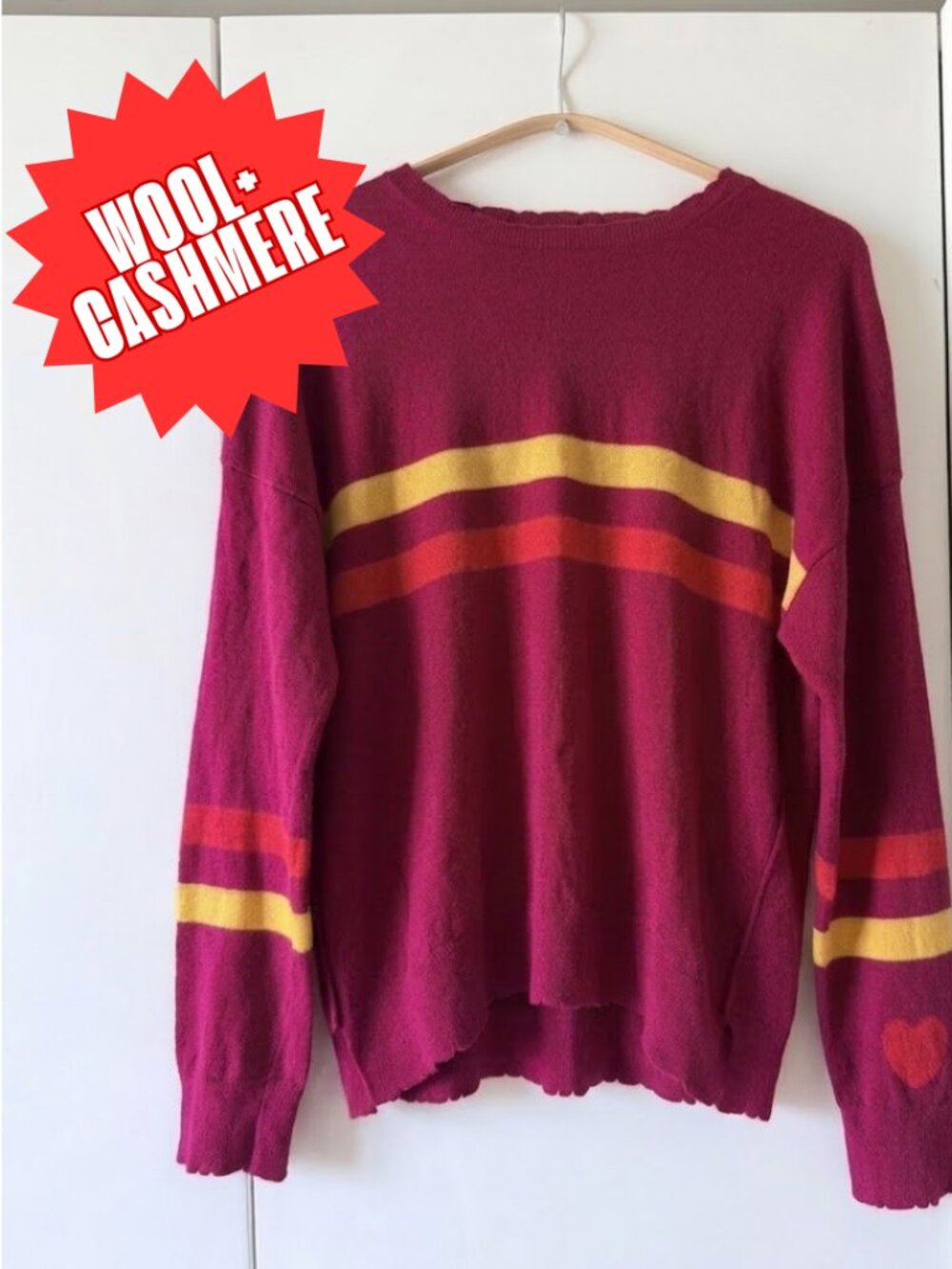 🍁Fall Sale! Sundry Berry Wool Cashmere Rainbow Stripe Heart Sweater M - As Is